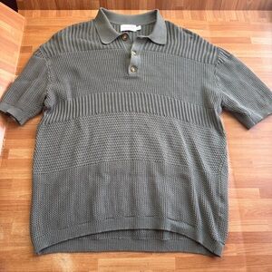 Topman Textured Panel Cotton Polo Sweater size med, olive green, short sleeve